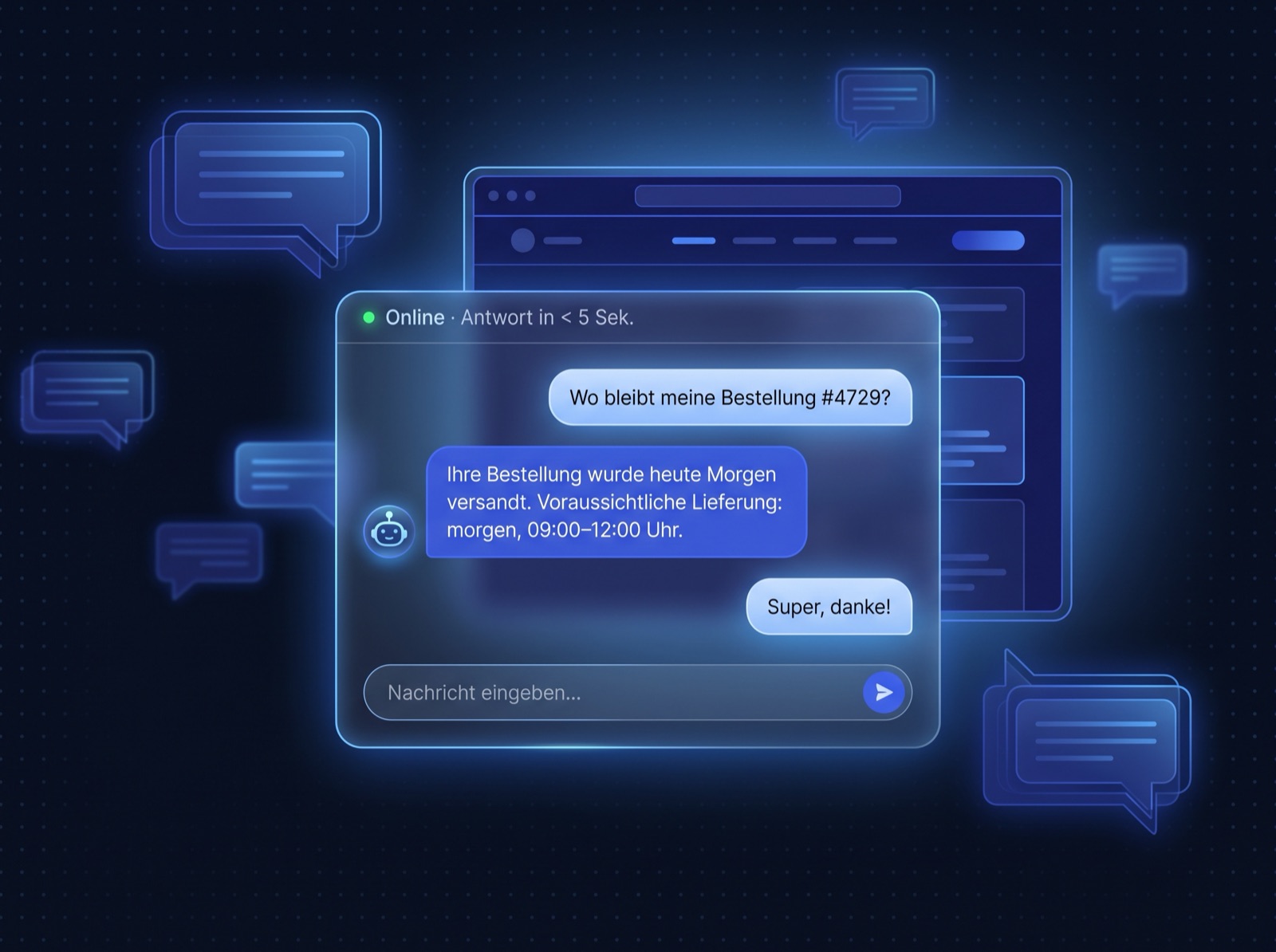 KI-Chatbot in Aktion: Kundenservice-Konversation auf Deutsch mit Statusanzeige und Brand-Blue Design